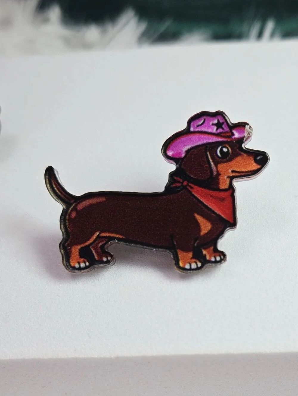 Cowgirl Dachshund Lapel Pin Pink Cowboy Hat Doxie Acrylic Western Dog Mom Whimsy